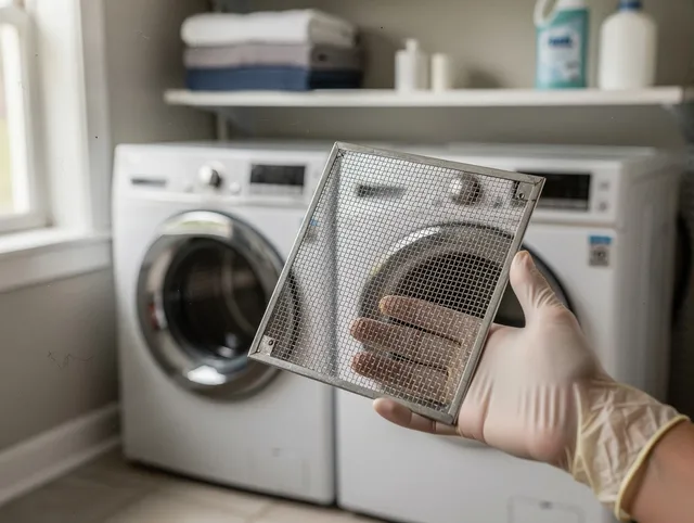 Willowbrook Dryer Vent Cleaning specialist performing detailed lint trap cleaning service in Willowbrook